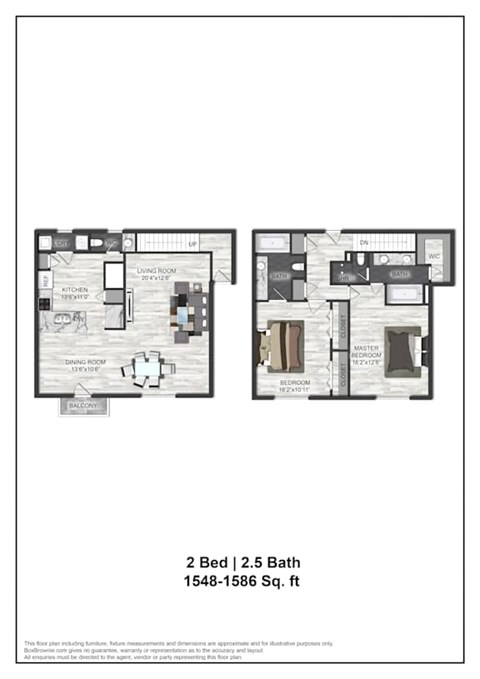 Floor plan for 2 beds, 2.5 baths, 1548 sqft